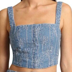 NWT House of Harlow 1960 | Floral Embroidered Denim Corset Top Blue | Size Small